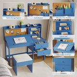 Garvee Kinderschreibtisch mit Stuhl, neigbare Tischplatte 0–40°, 2 Schubladen, 3-stufiges Bücherregal, Korkpinnwand und 2 Stiftehalter - Blau