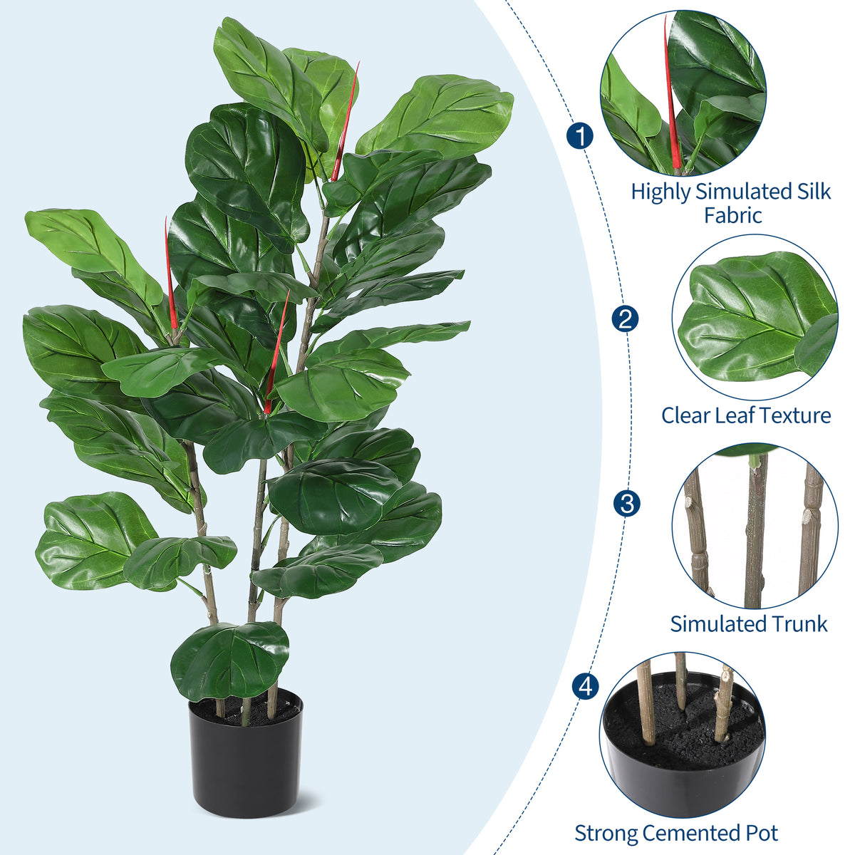Garvee künstlicher Ficus lyrata, 99 cm, Indoor Kunstbaum, naturgetreue Blätter, schwarzer Topf, Dekoration für Wohnzimmer, Büro und Flur, mit Strohkorb