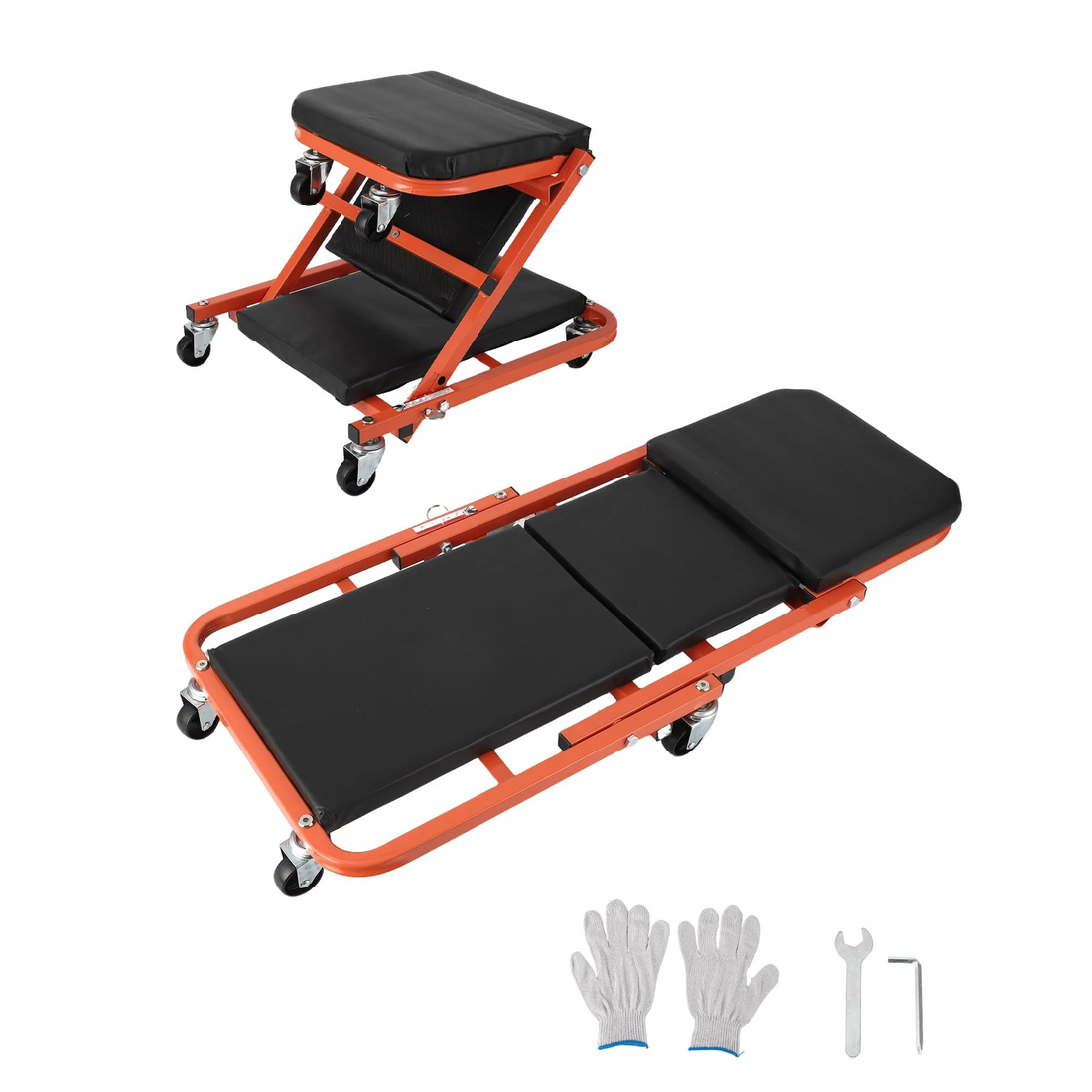 Garvee 91 cm Z-förmiger Mechanikersitz – Faltbar, 6 Rollen, Stahlrahmen, Gepolstert, Orange