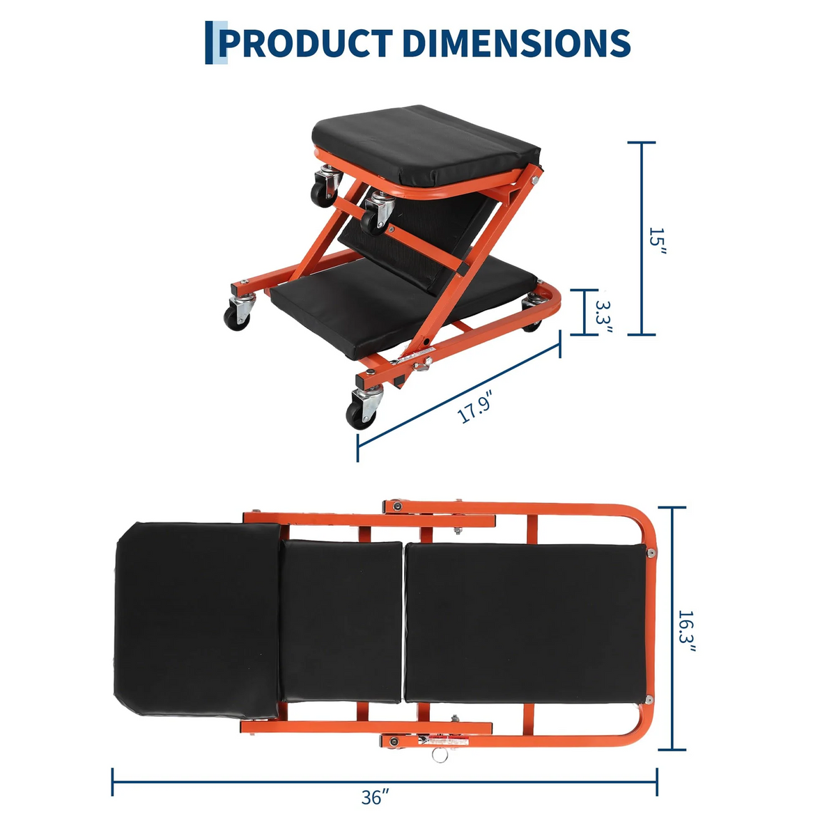Garvee 91 cm Z-förmiger Mechanikersitz – Faltbar, 6 Rollen, Stahlrahmen, Gepolstert, Orange