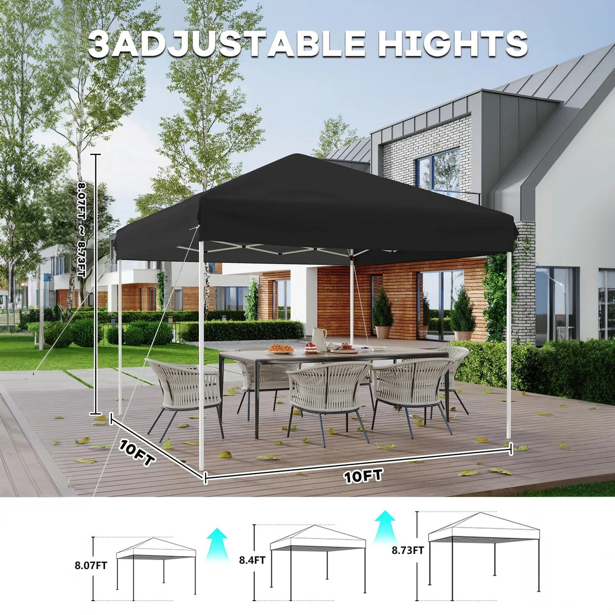 GARVEE Pop-Up Pavillon 3x3 m, Faltpavillon aus 210D Oxford, Robustes Stahlgestell, Wetterfest und Stabil für Camping, Gartenpartys und Outdoor-Events, Schwarz