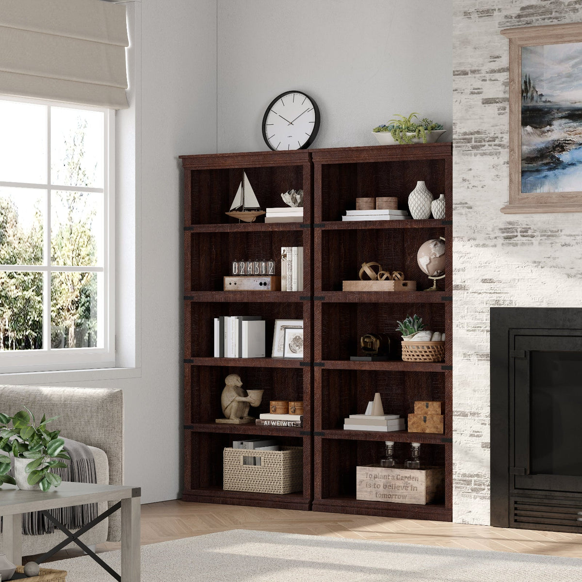 GARVEE Standregal, 5 Ebenen, 80 × 32 × 171 cm, MDF & Metall, Landhausstil, Braun – für Wohnzimmer & Schlafzimmer