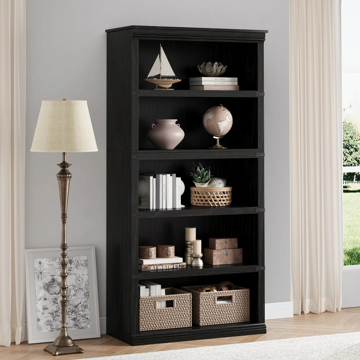 GARVEE Standregal, 5 Ebenen, 80 × 32 × 171 cm, MDF & Metall, Landhausstil, Schwarz – für Wohnzimmer & Schlafzimmer