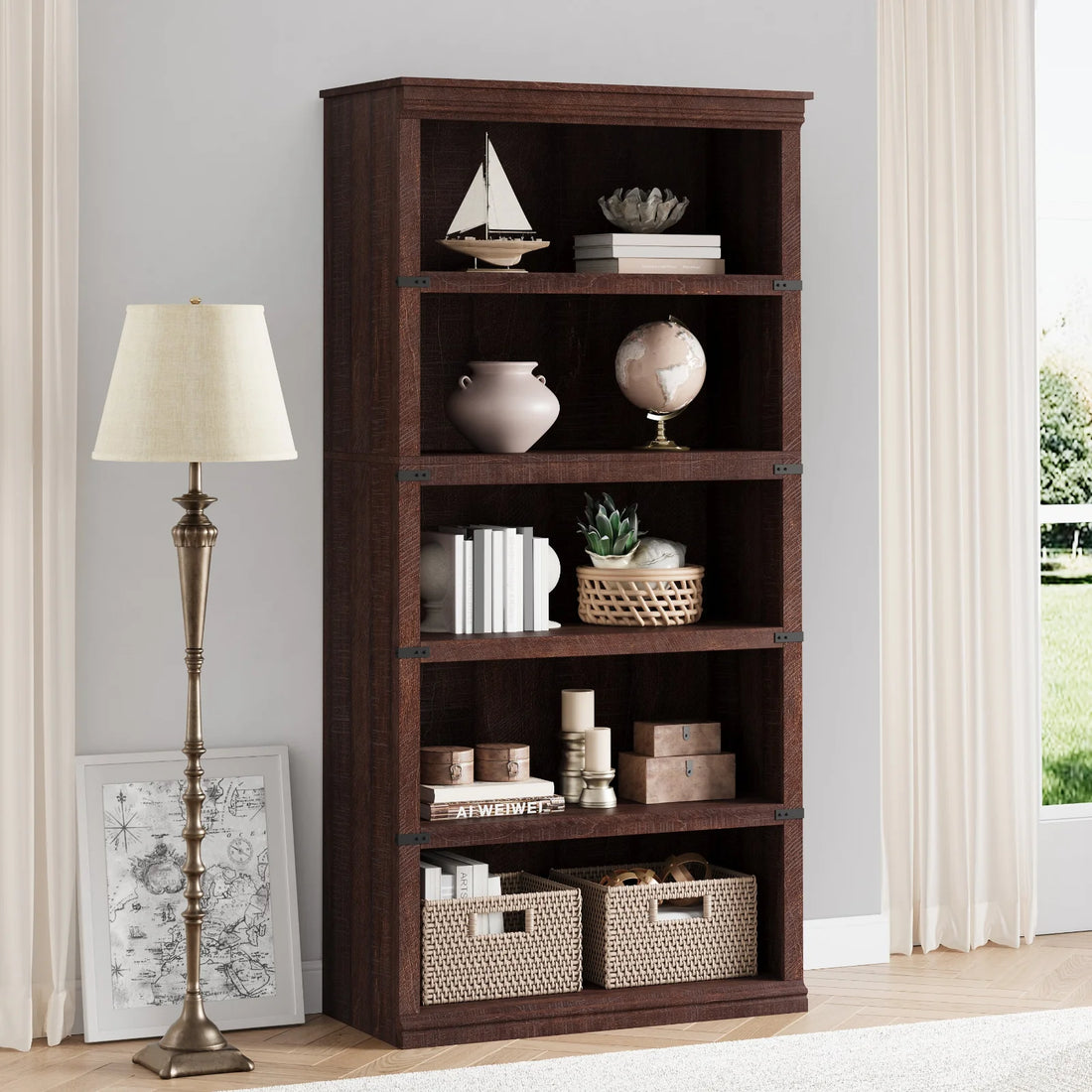 GARVEE Standregal, 5 Ebenen, 80 × 32 × 171 cm, MDF & Metall, Landhausstil, Braun – für Wohnzimmer & Schlafzimmer