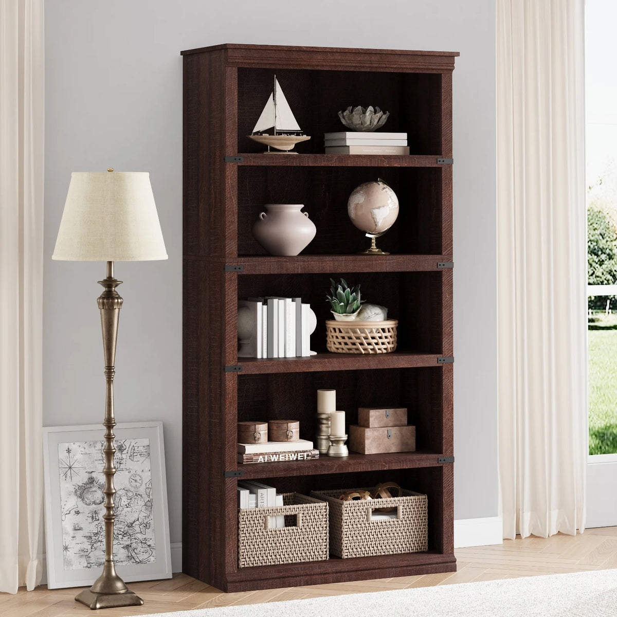 GARVEE Standregal, 5 Ebenen, 80 × 32 × 171 cm, MDF & Metall, Landhausstil, Braun – für Wohnzimmer & Schlafzimmer