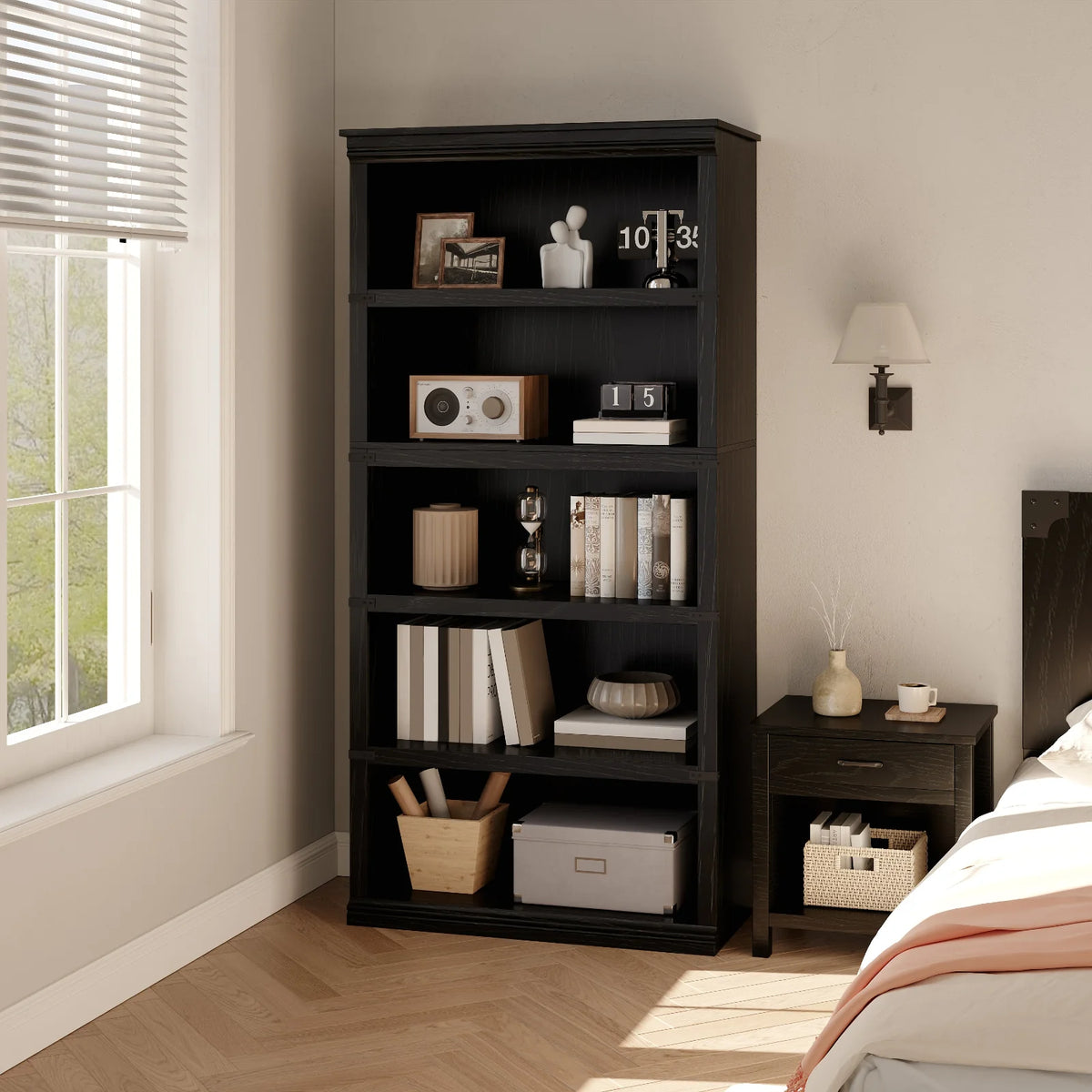 GARVEE Standregal, 5 Ebenen, 80 × 32 × 171 cm, MDF & Metall, Landhausstil, Schwarz – für Wohnzimmer & Schlafzimmer