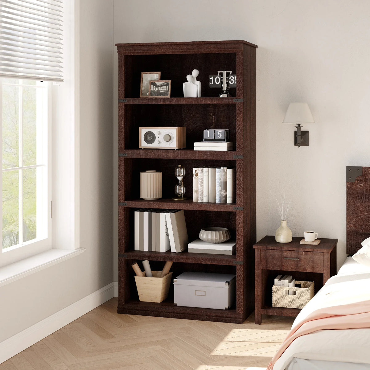 GARVEE Standregal, 5 Ebenen, 80 × 32 × 171 cm, MDF & Metall, Landhausstil, Braun – für Wohnzimmer & Schlafzimmer