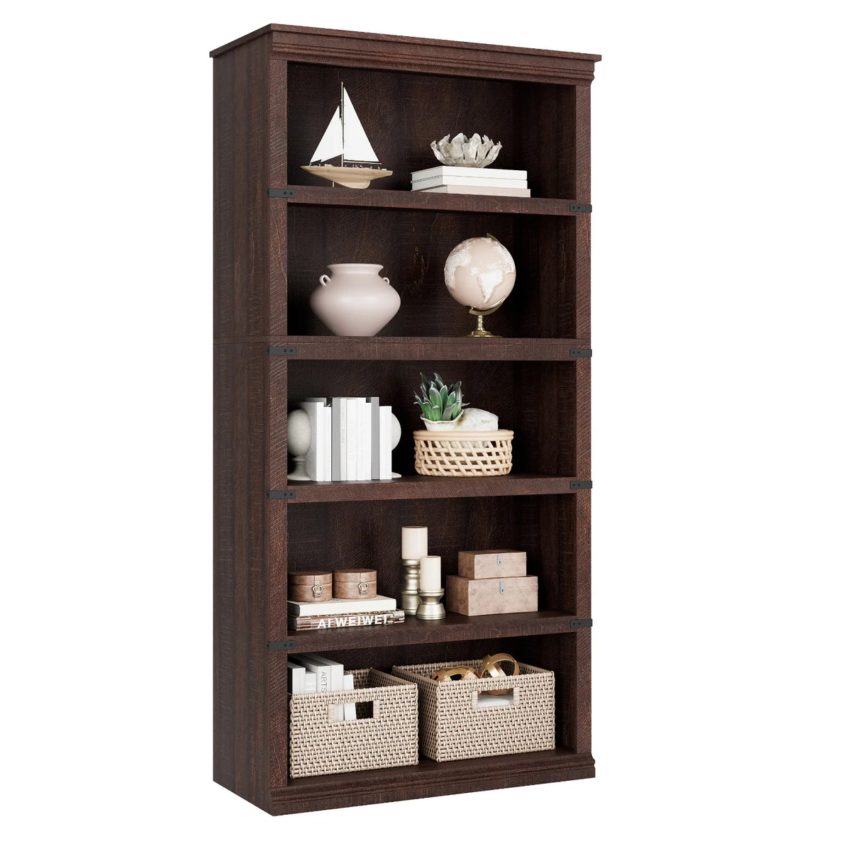 GARVEE Standregal, 5 Ebenen, 80 × 32 × 171 cm, MDF & Metall, Landhausstil, Braun – für Wohnzimmer & Schlafzimmer