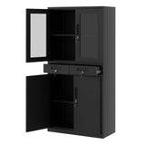 Garvee Metallschrank 180 cm, Abschließbarer Aufbewahrungsschrank mit Glastüren, 2 Schubladen & Verstellbaren Einlegeböden, Stahlschrank für Büro, Garage und Werkstatt, Schwarz