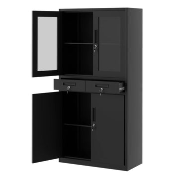 Garvee Metallschrank 180 cm, Abschließbarer Aufbewahrungsschrank mit Glastüren, 2 Schubladen & Verstellbaren Einlegeböden, Stahlschrank für Büro, Garage und Werkstatt, Schwarz