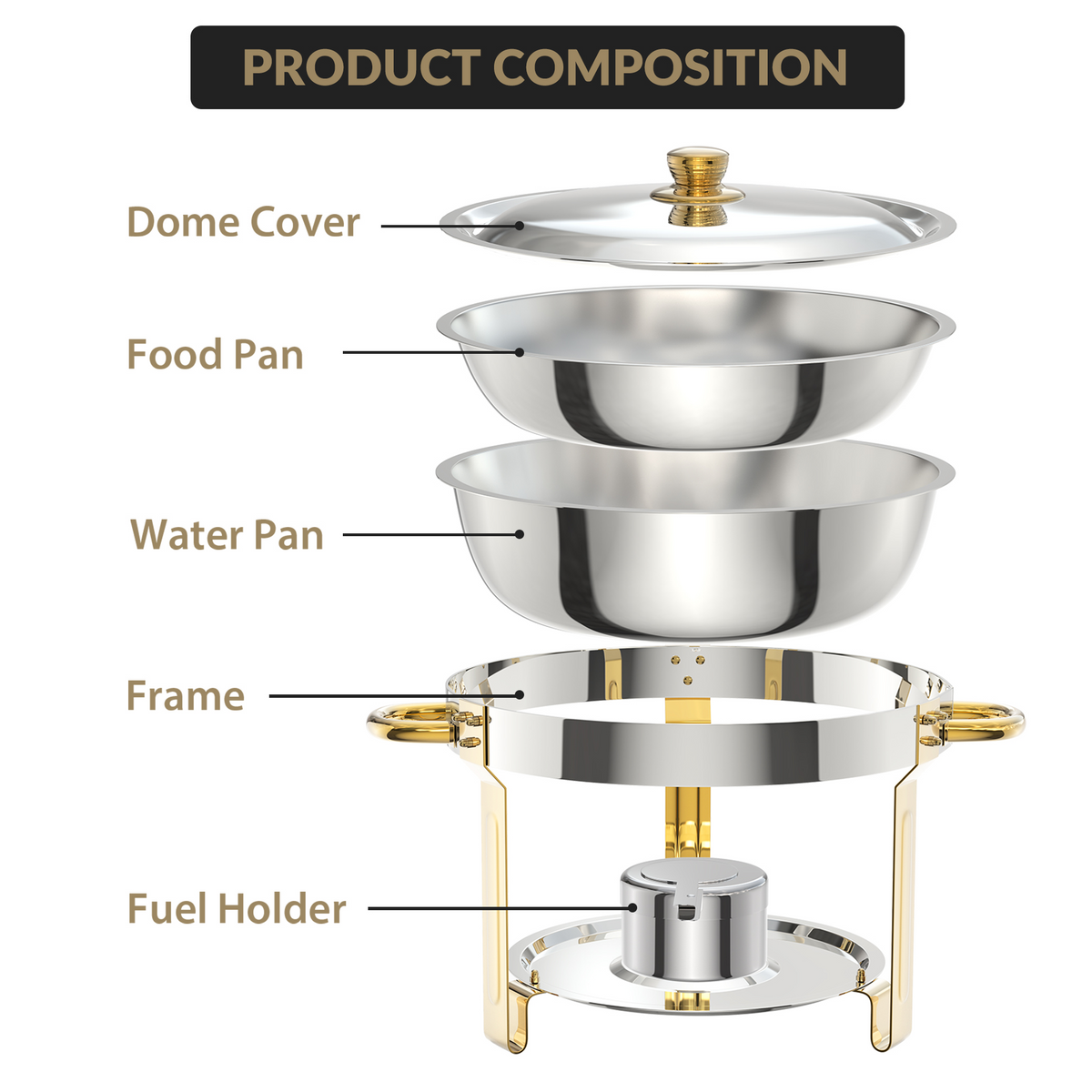 Garvee Chafing Dish 4er-Set mit je 4,7 L, runde Edelstahl-Buffet-Speisenwärmer mit Kuppeldeckeln, Wasserbad und Brennpastenhaltern für Catering, Hochzeit und Bankett