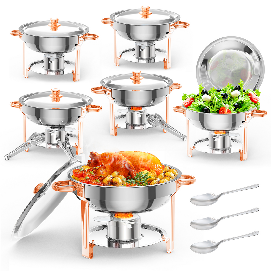 Garvee Chafing Dish 6er-Set 5 L aus Edelstahl, rund in Roségold, Buffet-Speisenwärmer für Catering, Hochzeiten und Events
