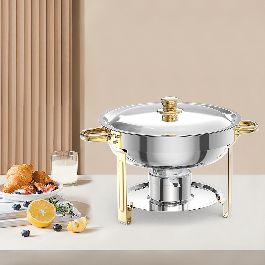 Garvee Chafing Dish 2er-Set mit je 4,7 L, runde Edelstahl-Buffet-Speisenwärmer mit Kuppeldeckel, Wasserbad, Löffel und Zange für Catering, Hochzeit und Bankett