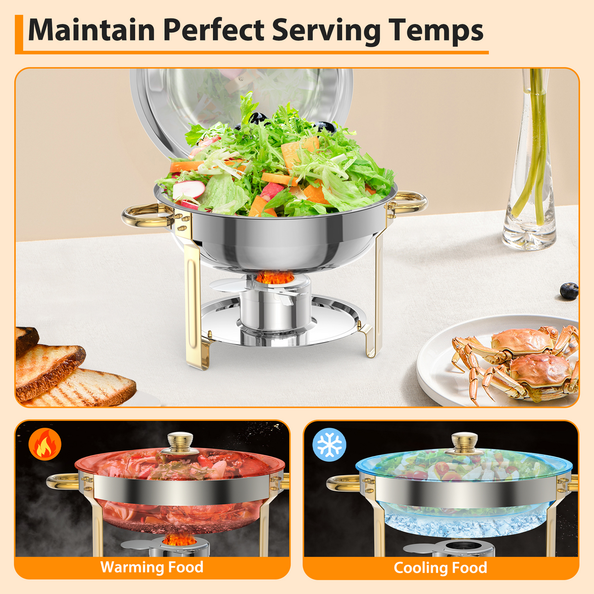 Garvee Chafing Dish 6er-Set mit je 4,7 L, runde Edelstahl-Buffet-Speisenwärmer mit Kuppeldeckeln, Wasserbad, herausnehmbaren Behältern und Brennpastenhaltern für Catering, Hotel, Hochzeit und Bankett