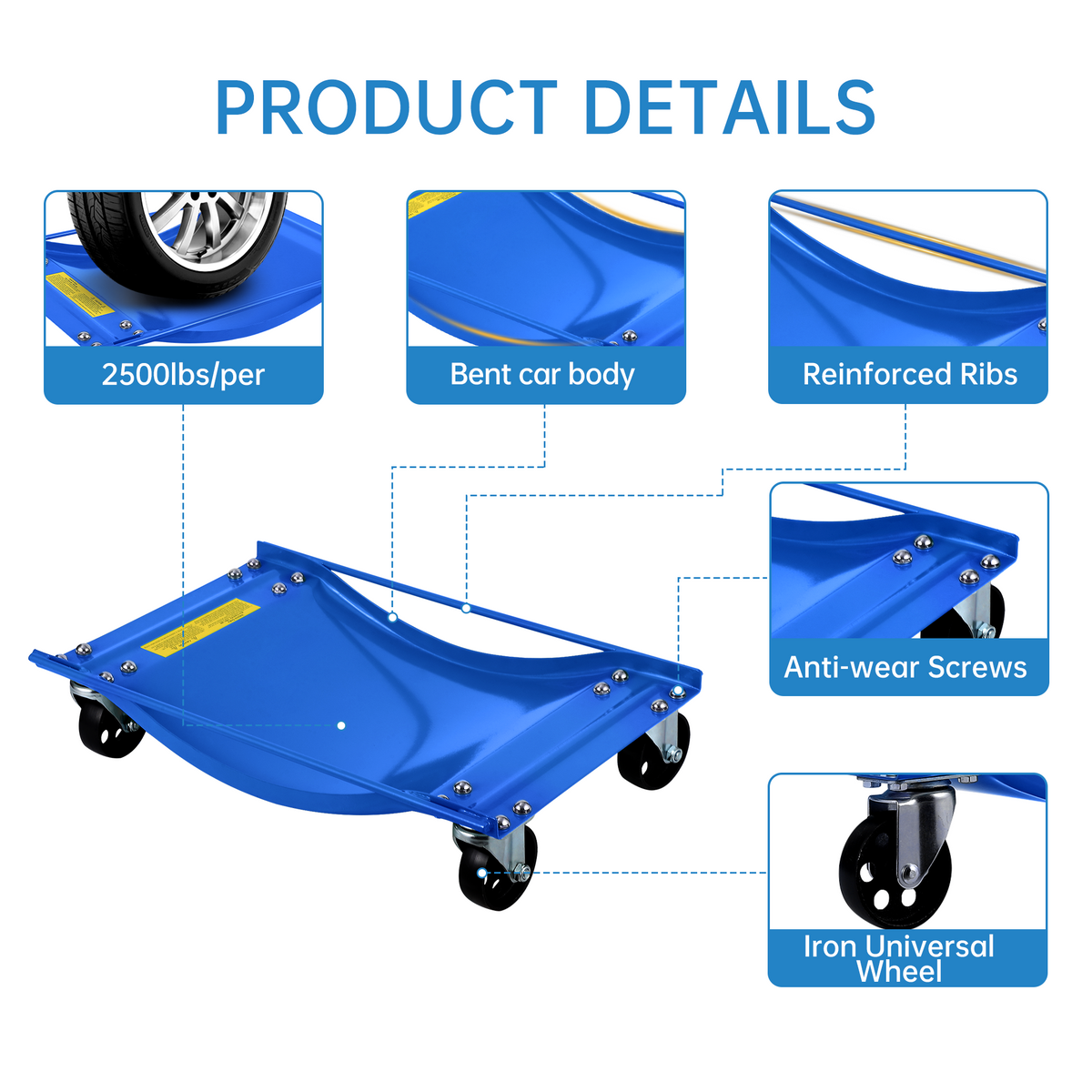 Garvee Auto-Rangierhilfe Set 4 Stück – 8,9 cm Stahlrollen, 4536 kg Tragkraft, Stabil, Blau