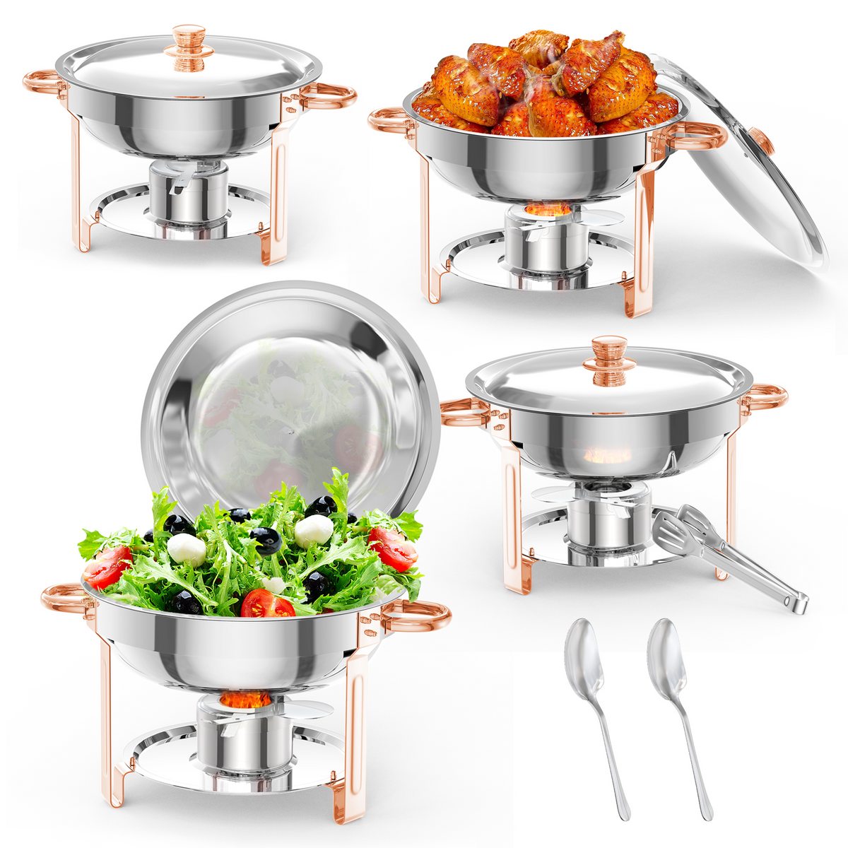 Garvee Chafing Dish 4er-Set 5 L aus Edelstahl, rund in Roségold, Buffet-Speisenwärmer für Catering, Hochzeiten und Events
