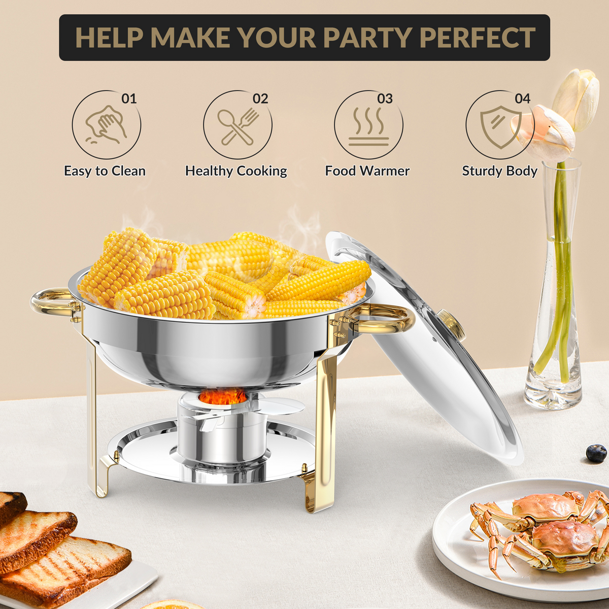 Garvee Chafing Dish 6er-Set mit je 4,7 L, runde Edelstahl-Buffet-Speisenwärmer mit Kuppeldeckeln, Wasserbad, herausnehmbaren Behältern und Brennpastenhaltern für Catering, Hotel, Hochzeit und Bankett