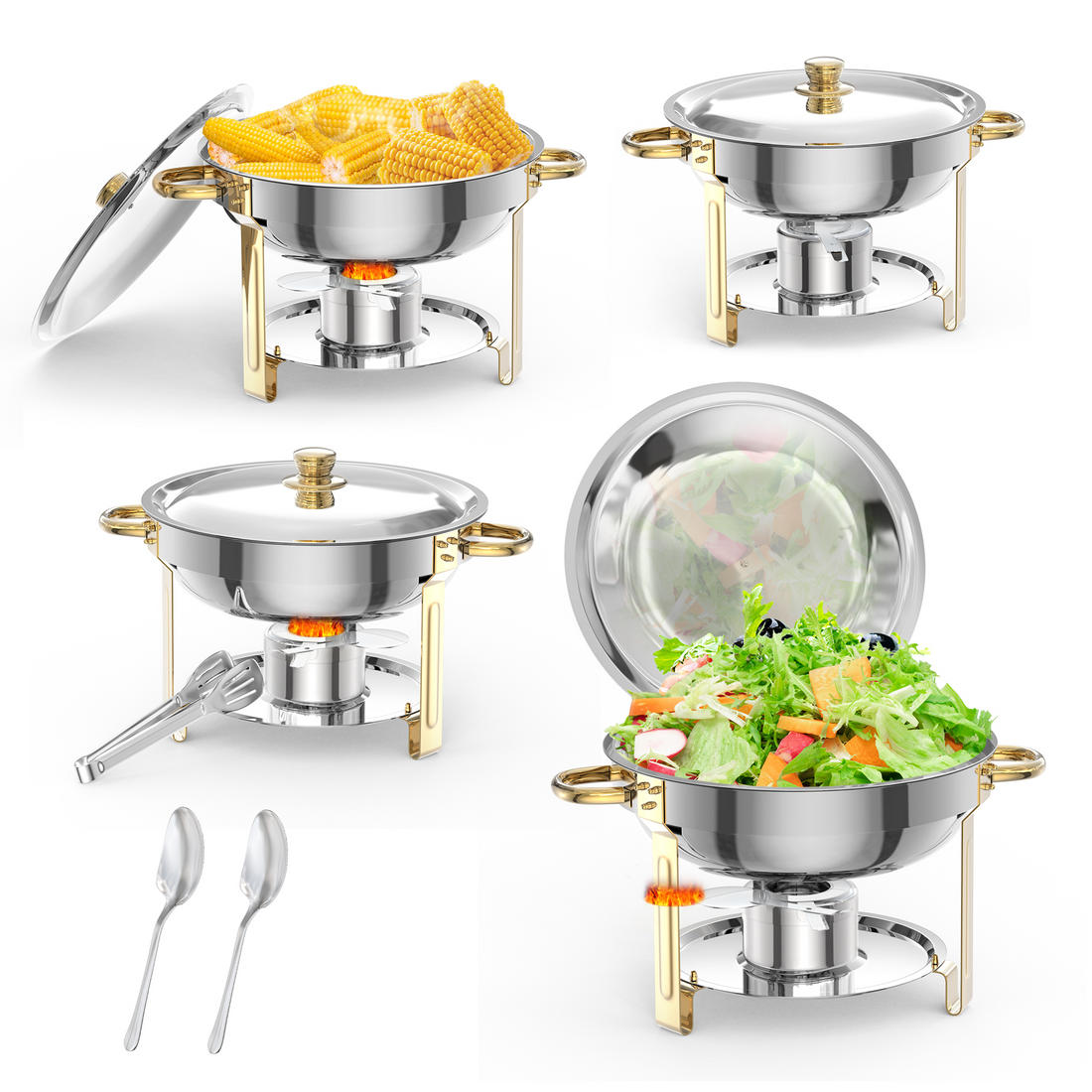 Garvee Chafing Dish 4er-Set mit je 4,7 L, runde Edelstahl-Buffet-Speisenwärmer mit Kuppeldeckeln, Wasserbad und Brennpastenhaltern für Catering, Hochzeit und Bankett