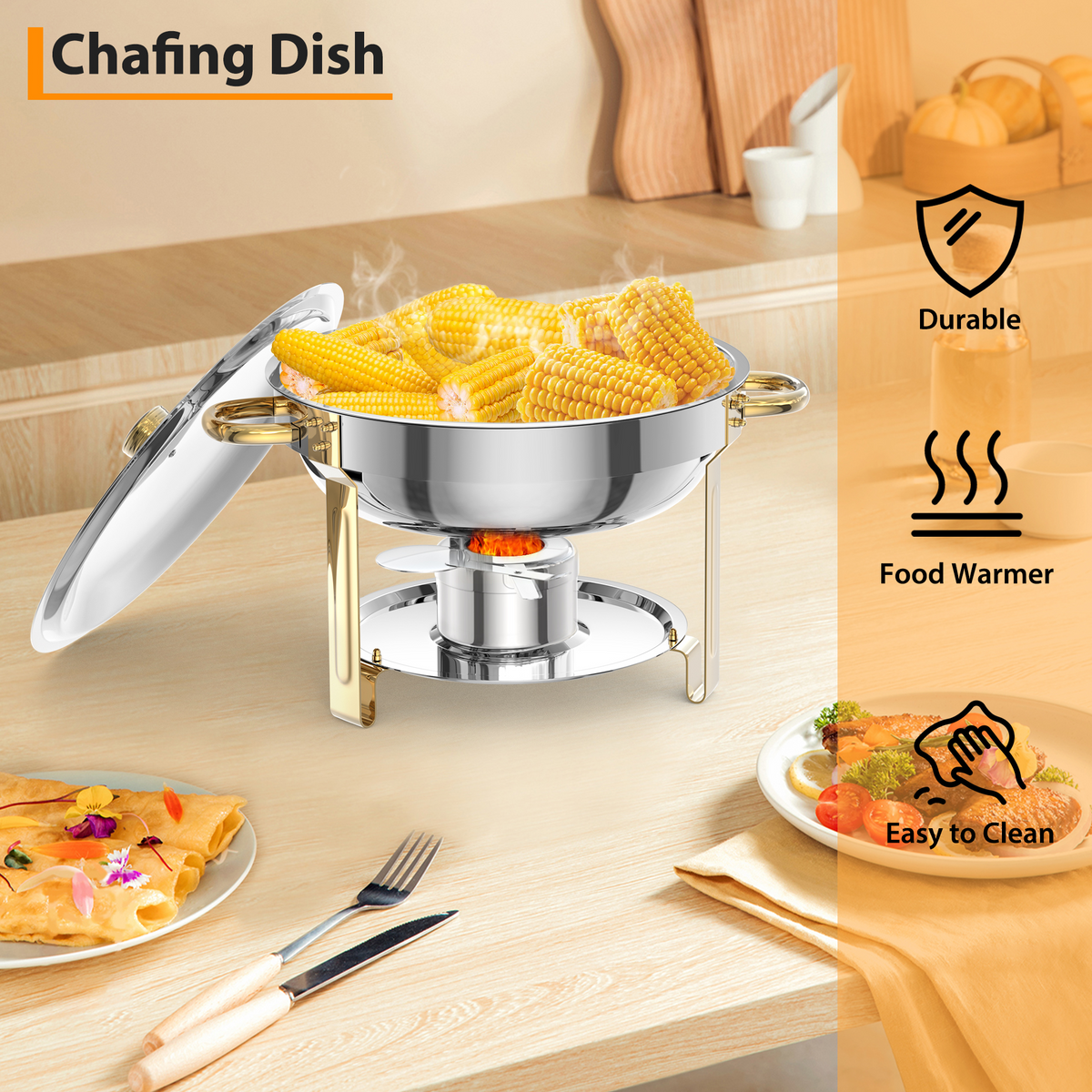 Garvee Chafing Dish 4er-Set mit je 4,7 L, runde Edelstahl-Buffet-Speisenwärmer mit Kuppeldeckeln, Wasserbad und Brennpastenhaltern für Catering, Hochzeit und Bankett