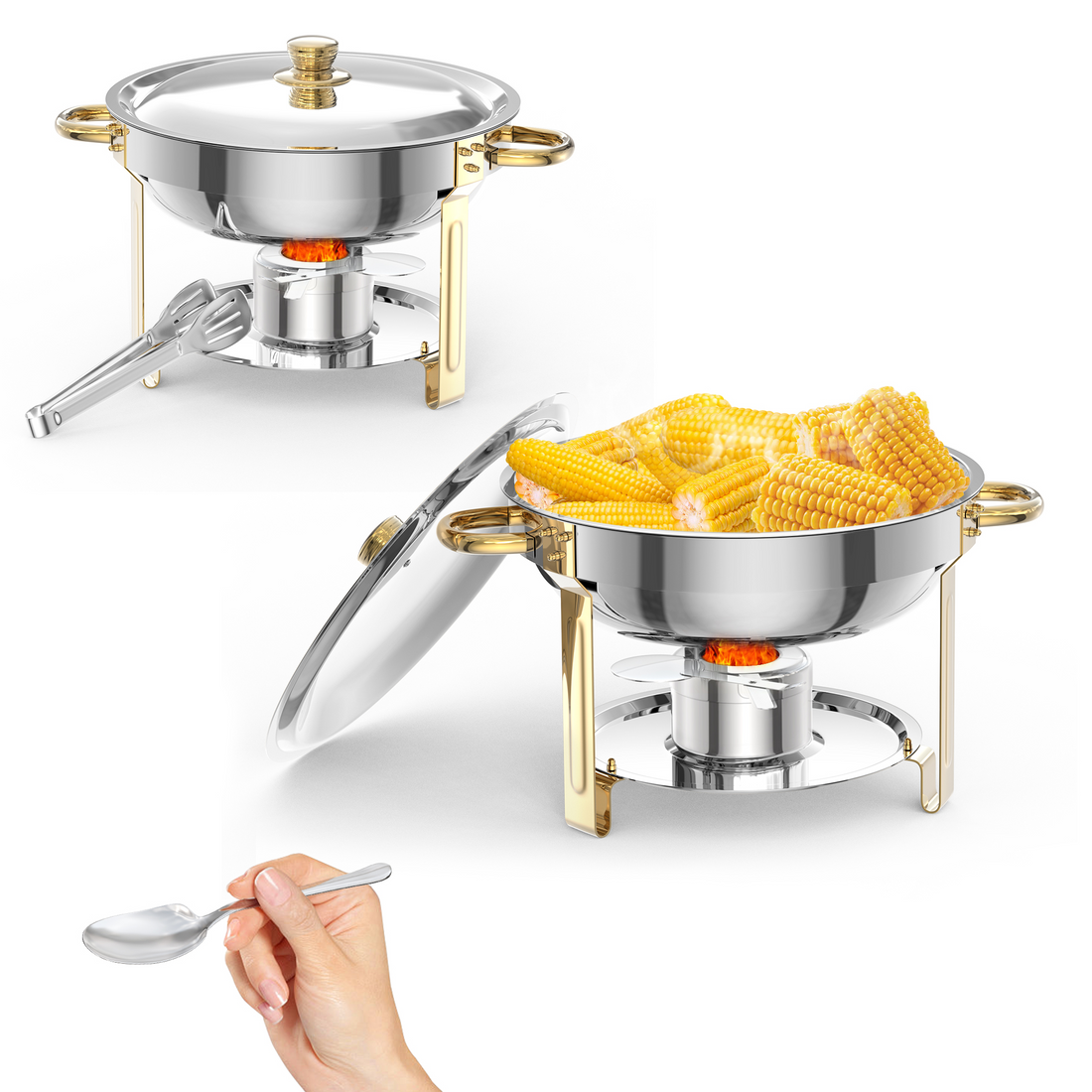 Garvee Chafing Dish 2er-Set mit je 4,7 L, runde Edelstahl-Buffet-Speisenwärmer mit Kuppeldeckel, Wasserbad, Löffel und Zange für Catering, Hochzeit und Bankett