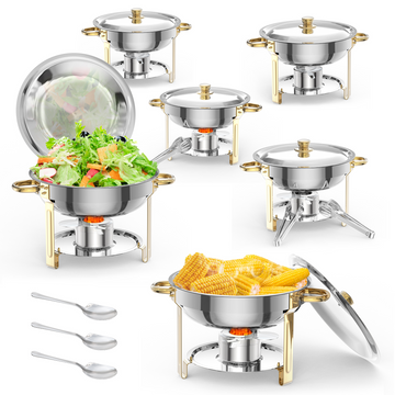 Garvee Chafing Dish 6er-Set mit je 4,7 L, runde Edelstahl-Buffet-Speisenwärmer mit Kuppeldeckeln, Wasserbad, herausnehmbaren Behältern und Brennpastenhaltern für Catering, Hotel, Hochzeit und Bankett